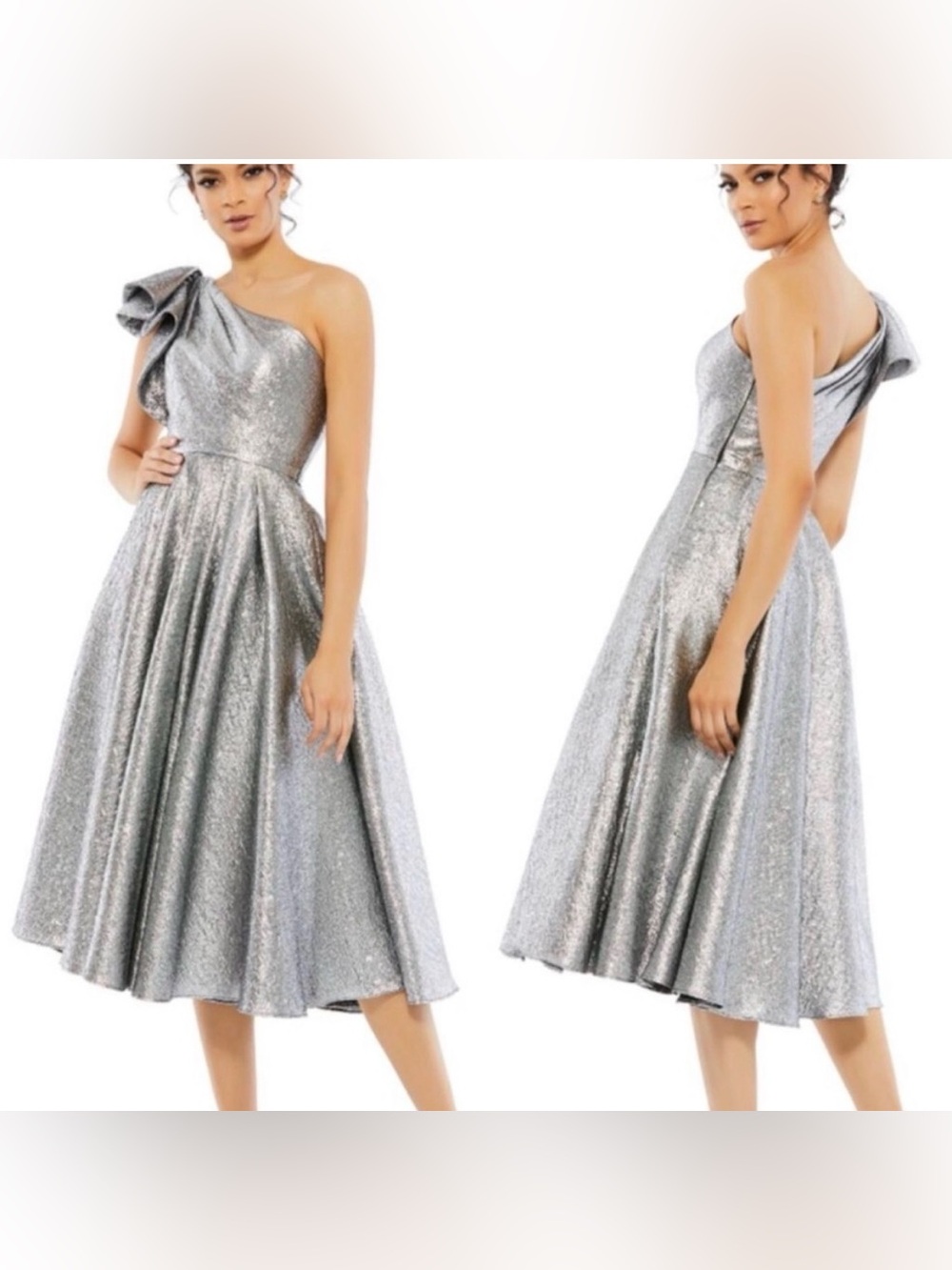 Mac Duggal 67906 Silver One Shoulder Brocade Bow Midi Dress Evening Metallic 8